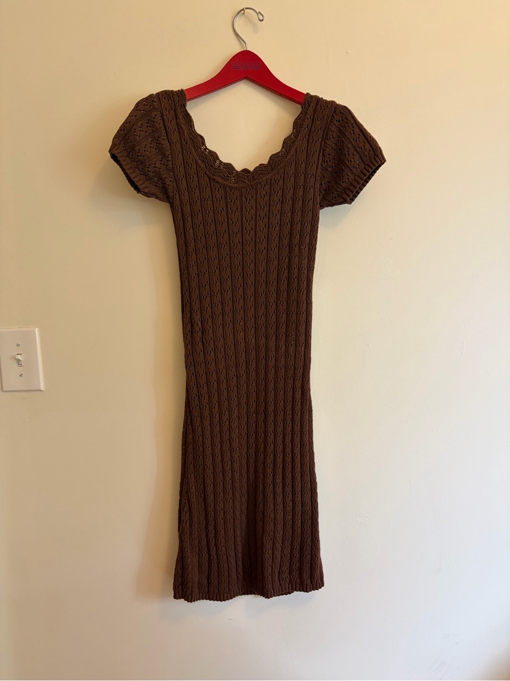 Vintage Moda Intl Brown Open Knit Scoop Neck Short Sleeve Dress